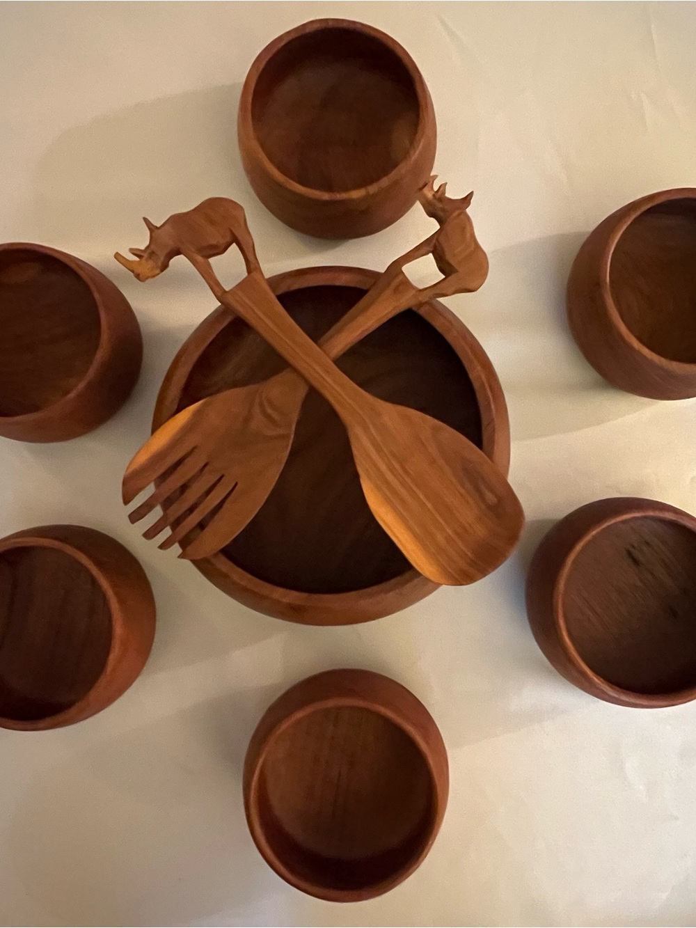 Carved Wooden Salad Bowl Set with Rhino-Handle Servers - Natural Brown